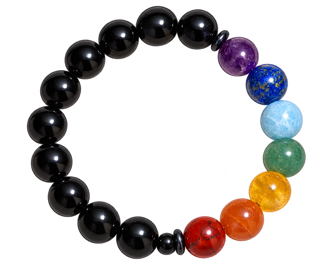 Black onyx bracelet shown from above, with glossy black beads and seven bright chakra-coloured accents.