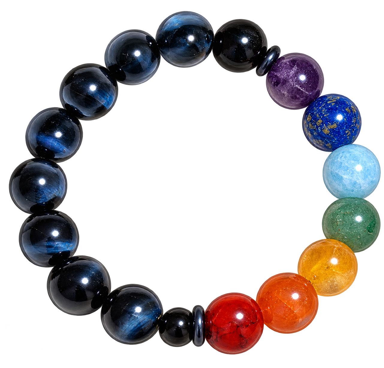 Dark blue tiger's eye bracelet with navy and black round beads and seven bright chakra-inspired accents.