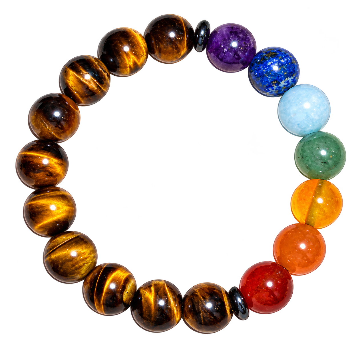 Golden brown tiger's eye bracelet featuring striped honey-brown beads and seven multicolour chakra accents.