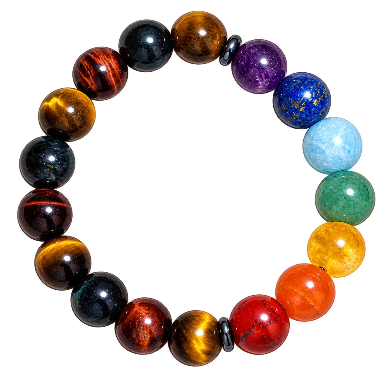 Mixed tiger's eye bracelet with gold, red and dark striped beads and rainbow-coloured chakra accents.