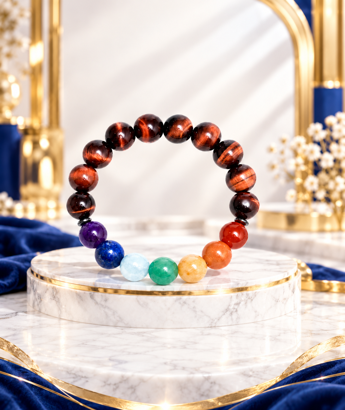 Red tiger's eye bracelet with copper-brown round beads and colourful chakra accents on a pale display.
