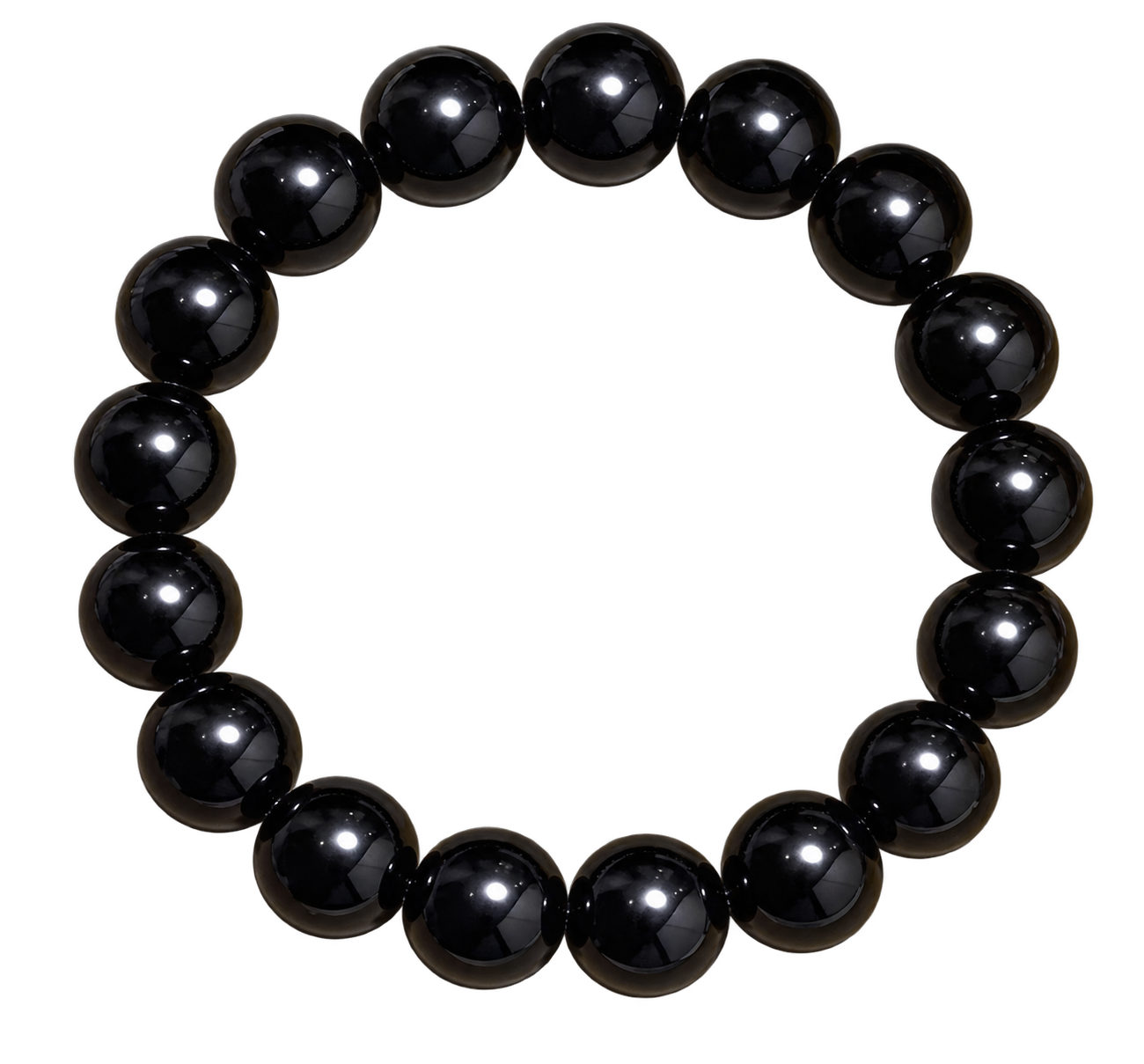 Black onyx stone bracelet displaying a circle of polished glossy black round beads.