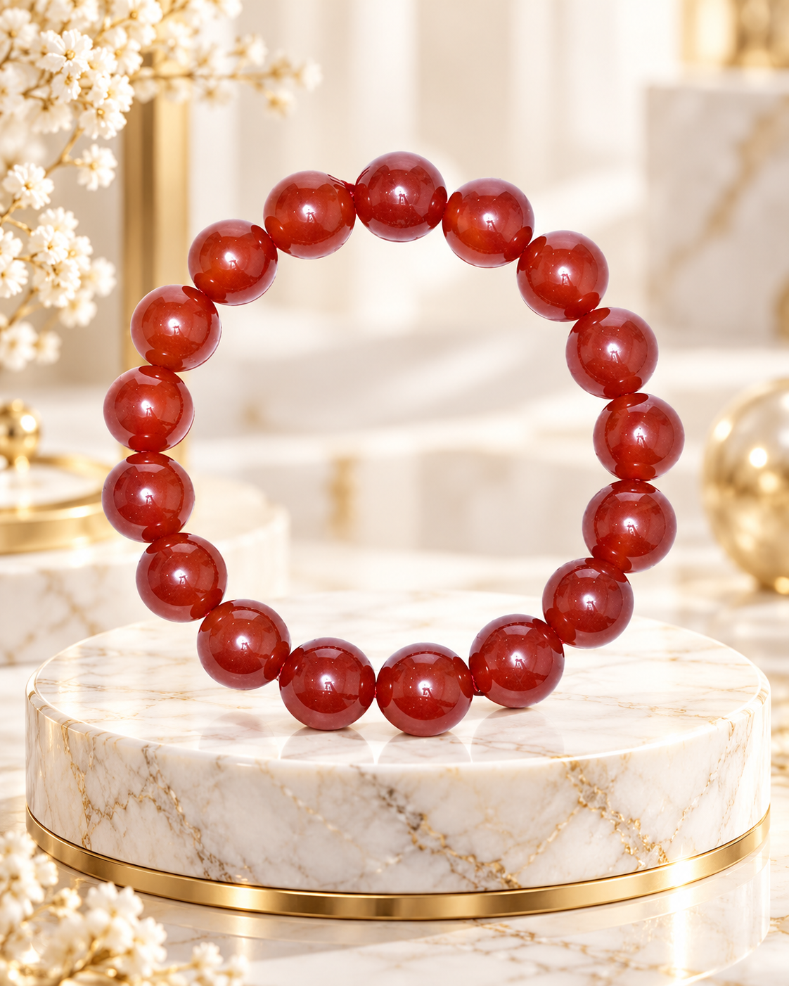 Carnelian stone bracelet with orange-red and rust-coloured round beads on a cream jewellery display.