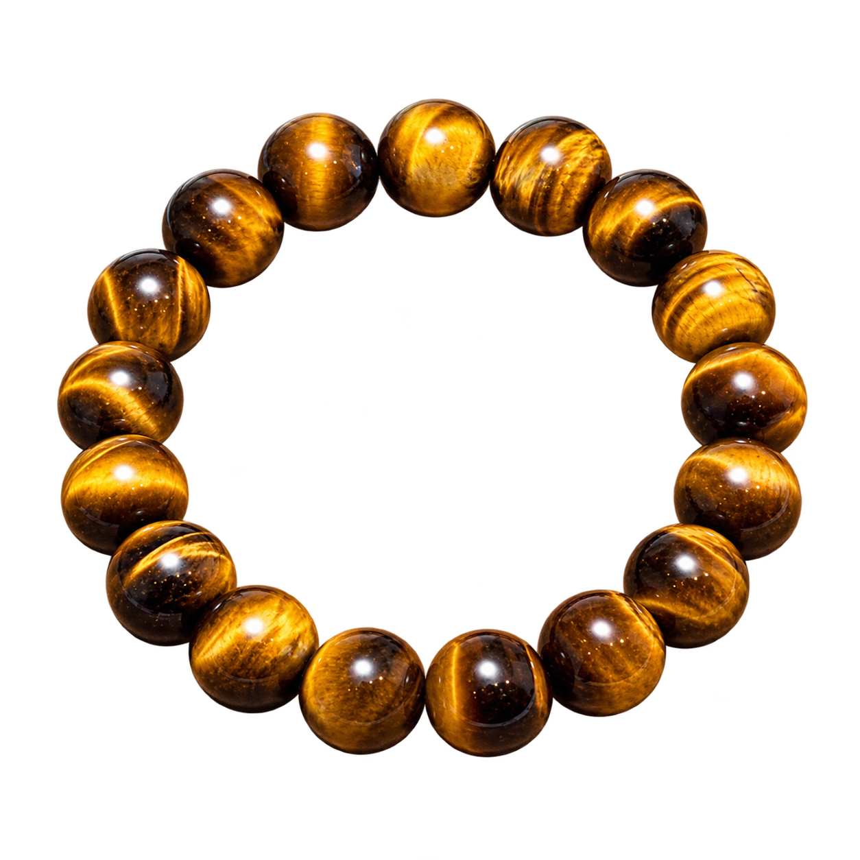 Golden brown tiger's eye bracelet with glossy honey-gold and dark brown striped round beads.