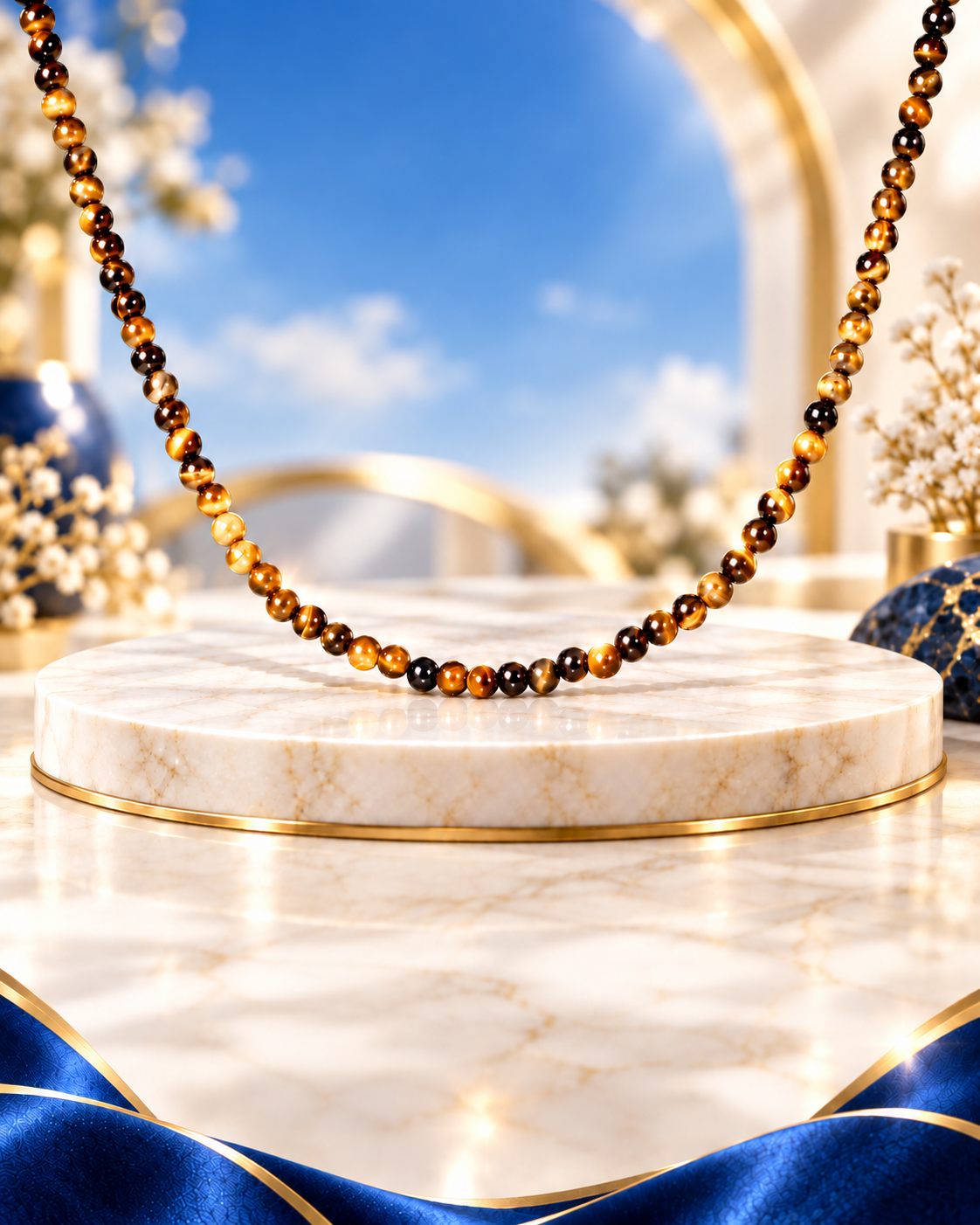 Tiger's eye stone necklace with golden brown striped beads hanging in a U shape above a light display.