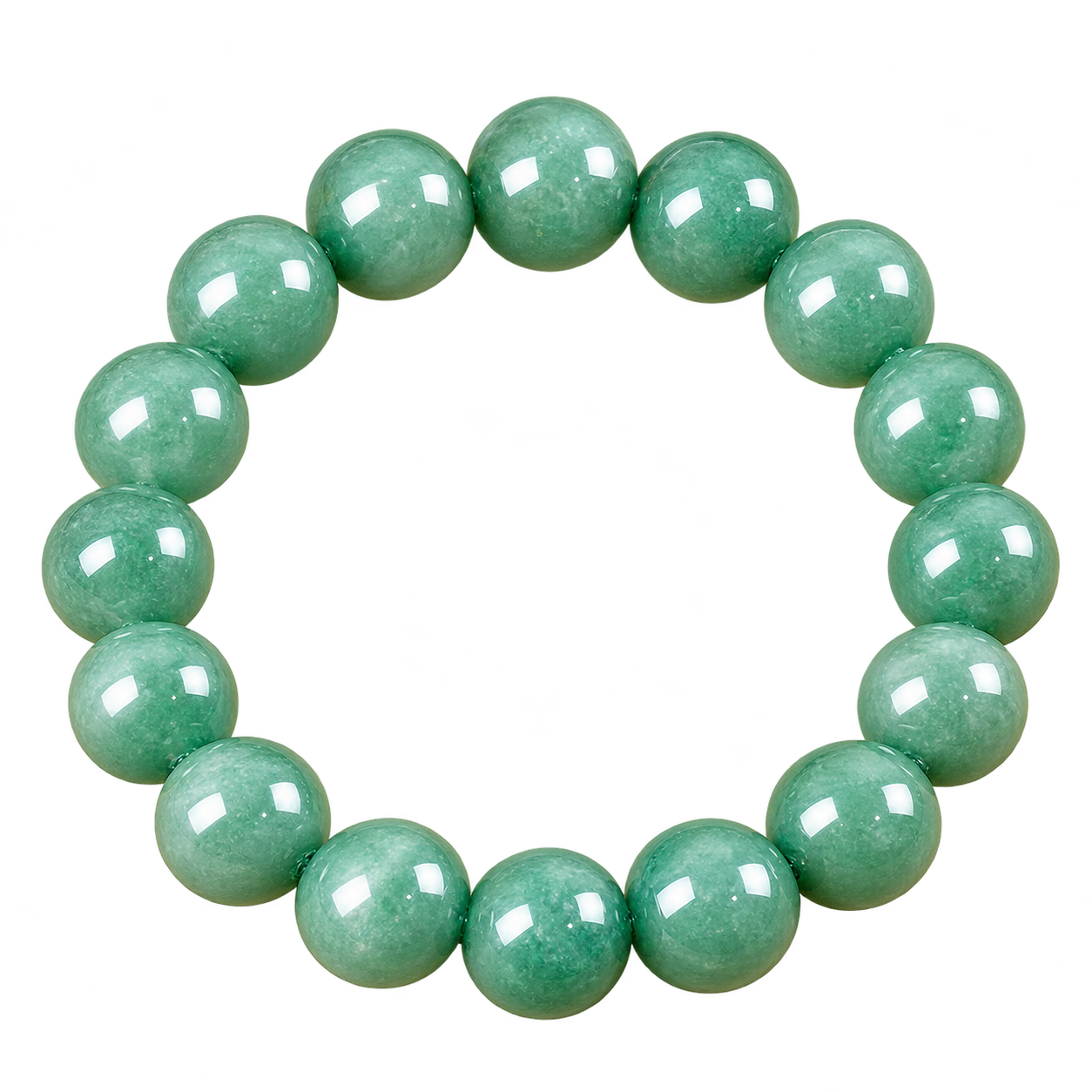 Green aventurine stone bracelet made of round jade-green beads with glossy highlights.