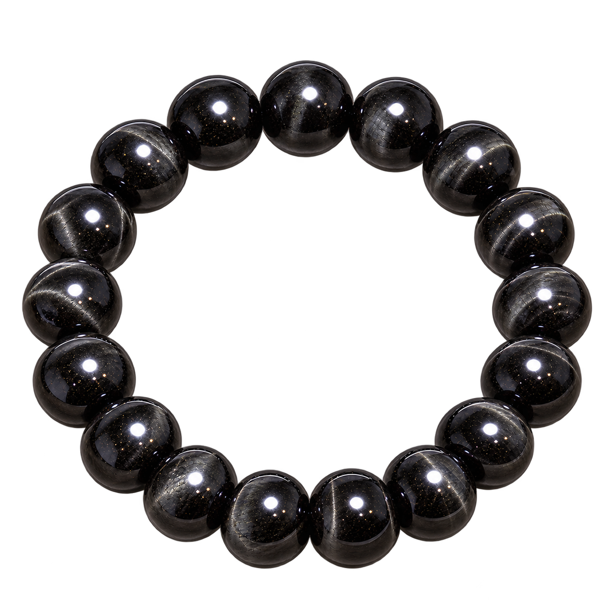 Black tiger's eye stone bracelet with glossy near-black round beads and subtle silver-grey reflections.