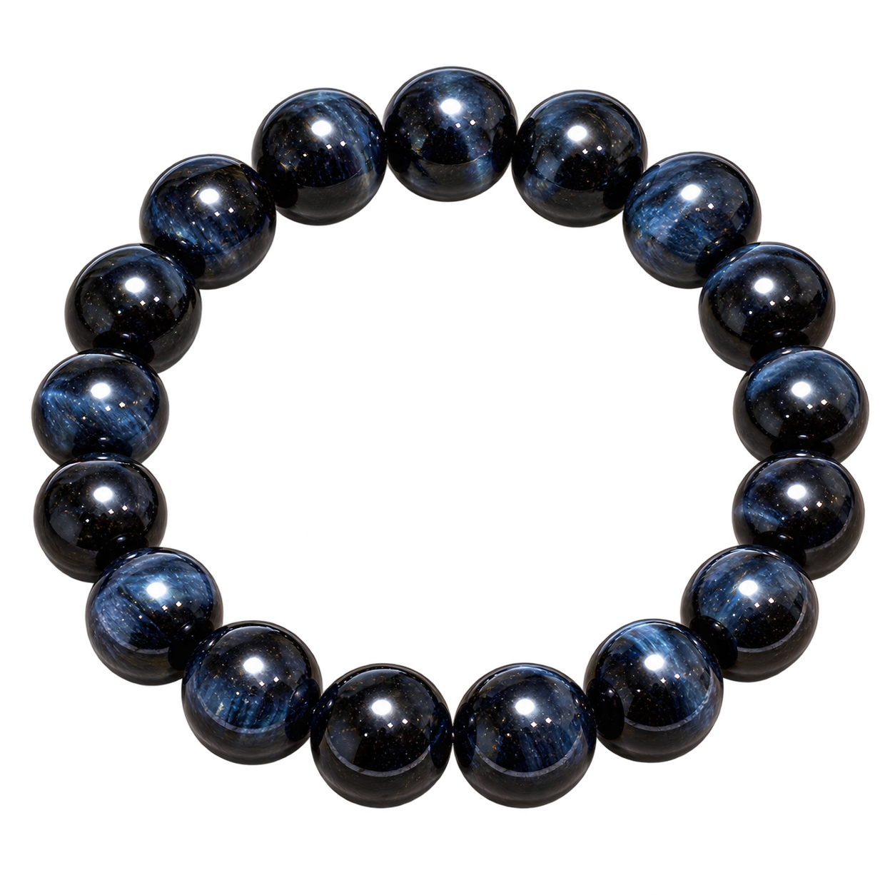 Dark blue tiger's eye stone bracelet showing polished navy-black beads and fine blue streaks.