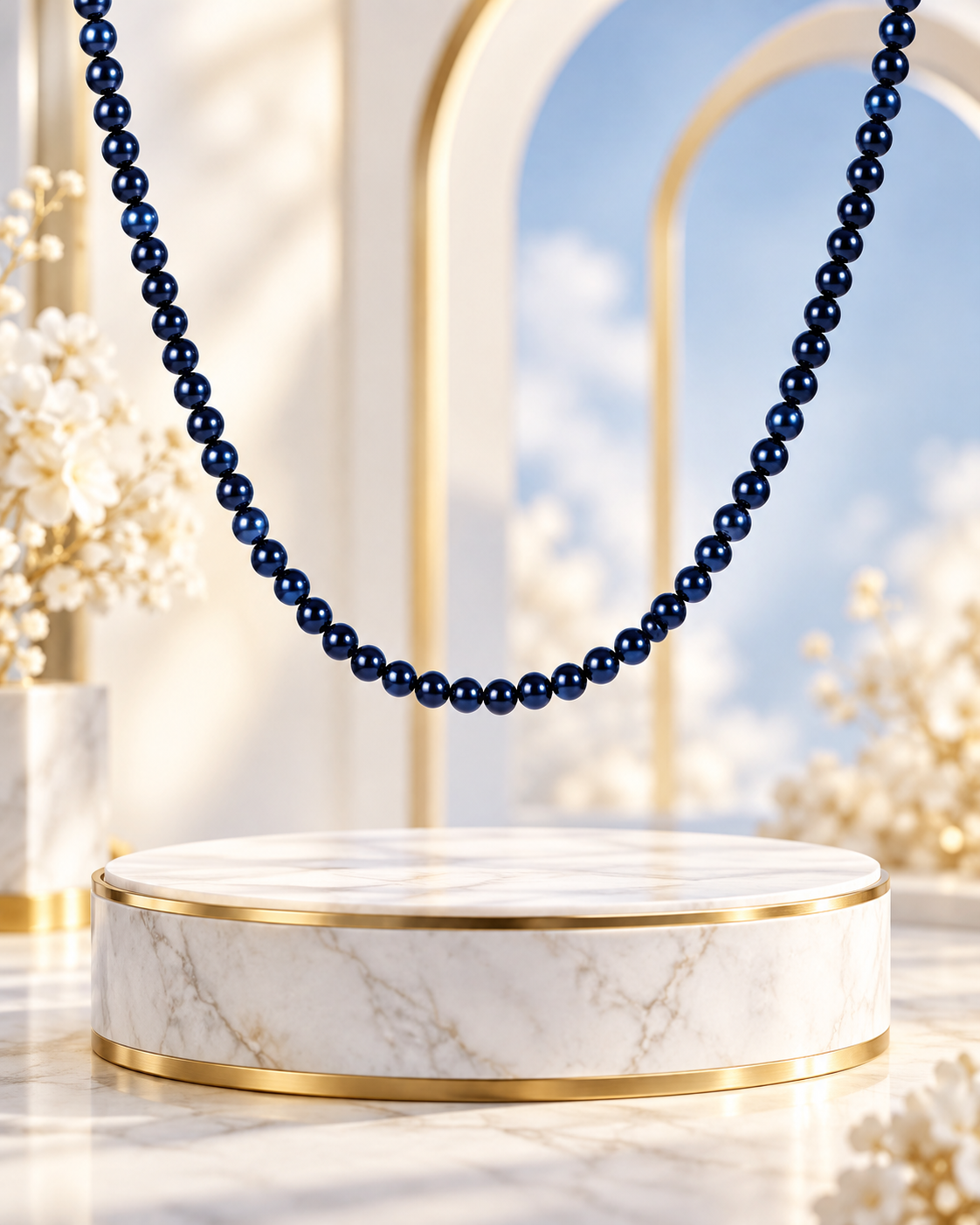 Dark blue tiger's eye stone necklace with long navy-and-black bead strands hanging over a light display.