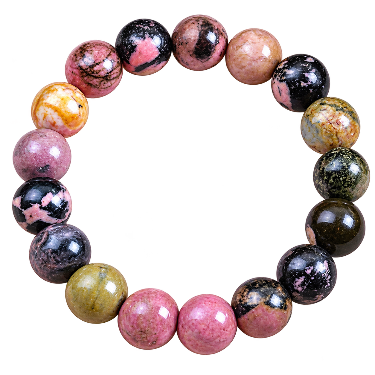 Black Stripe Rhodochrosite Stone Bracelet showing round gemstone beads