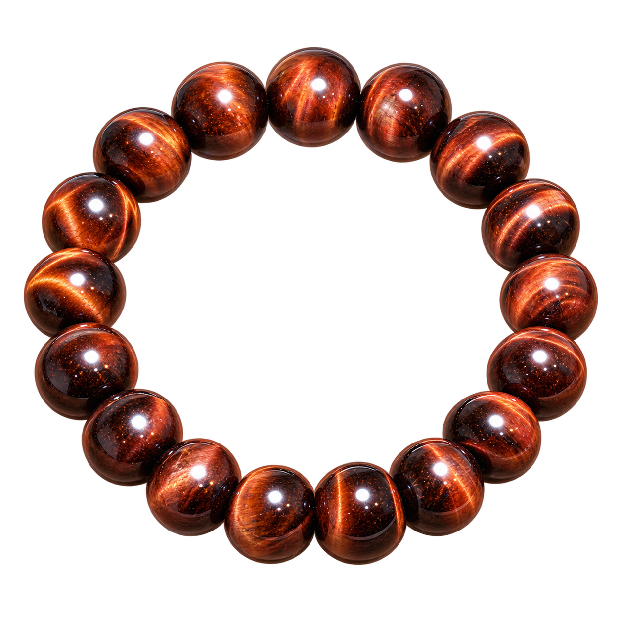 Red tiger's eye stone bracelet showing polished copper-red, maroon and brown striped round beads.