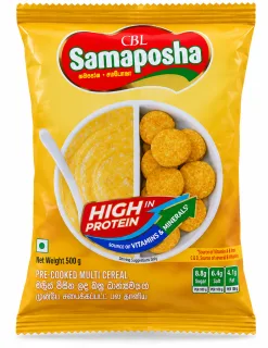 CBL Samaposha 500g pre-cooked multicereal yellow packet front view showing breakfast cereal imagery and protein information.