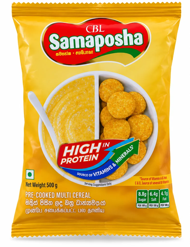 CBL Samaposha 500g pre-cooked multicereal yellow packet front view showing breakfast cereal imagery and protein information.