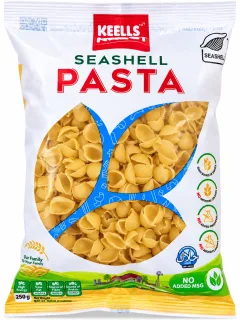 Keells Seashell Pasta back packaging showing durum wheat ingredients, cooking instructions, nutrition facts and pasta recipe.