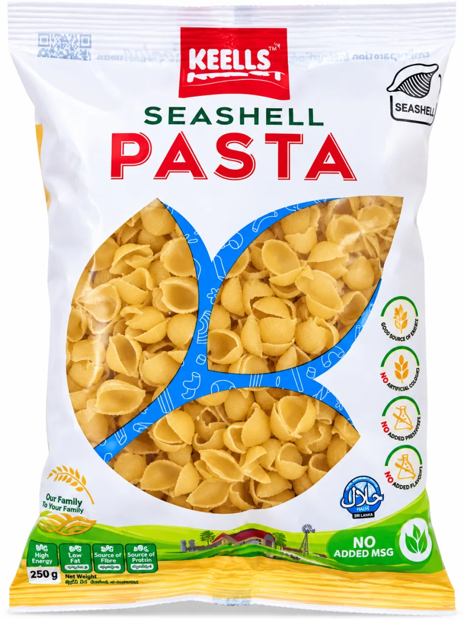Keells Seashell Pasta back packaging showing durum wheat ingredients, cooking instructions, nutrition facts and pasta recipe.
