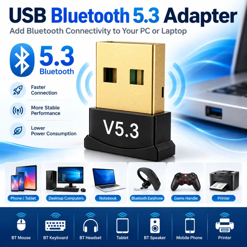 USB Bluetooth 5.3 Adapter with gold-coloured USB-A connector and compact black V5.3 housing for compatible PCs and laptops.